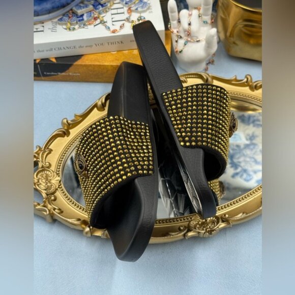 🆕 KURT GEIGER LONDON 🧿 NWOB Meena Eagle Black & Gold Studded Slide, Sz 8.5 - Picture 9 of 12